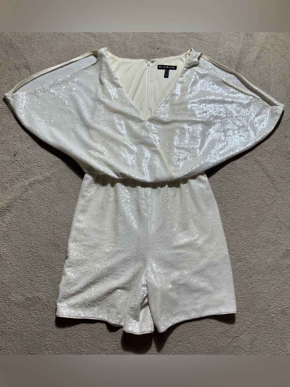 Aidan Mattox Romper Womens 8 Sequin Short Sleeve Ivory V-Neck Back Zip Lined